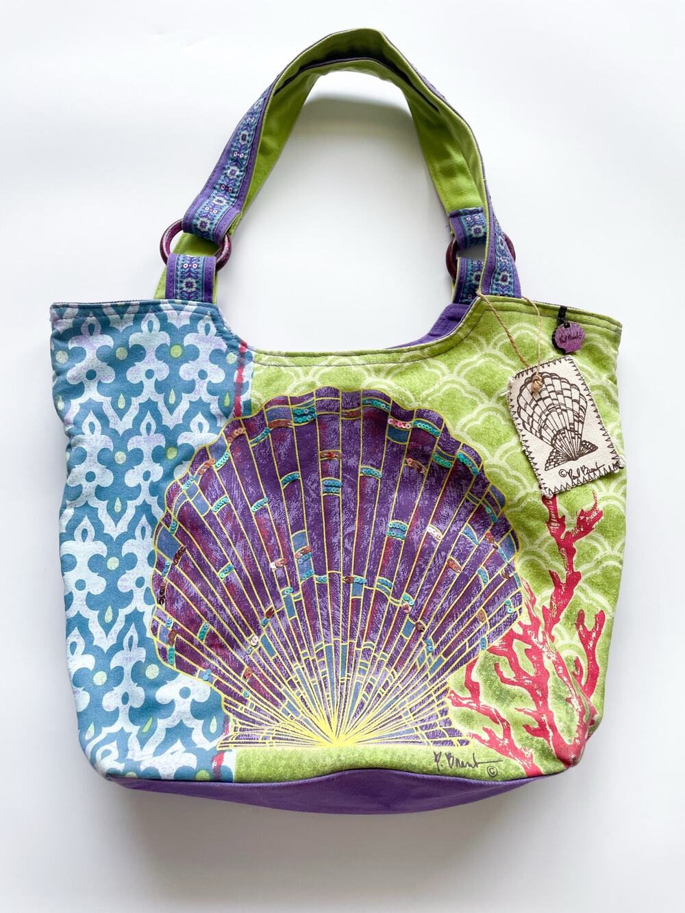 Paul Brent Sun N Sand Sequin Seashell Boho Hippie Colorful Beach Tote Bag
